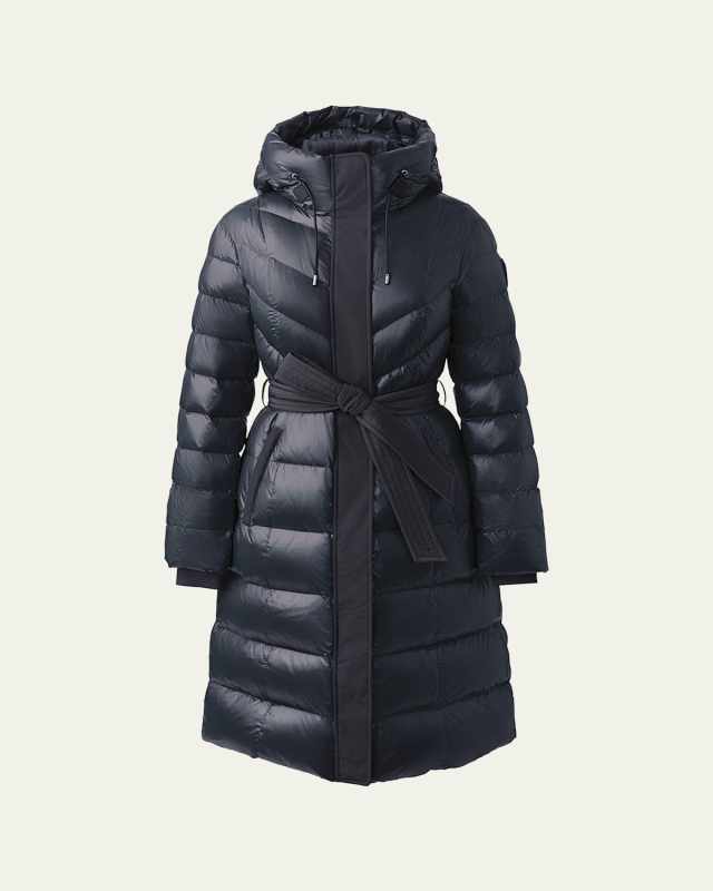 Coralia Lustrous Light Down Coat with Sash Belt